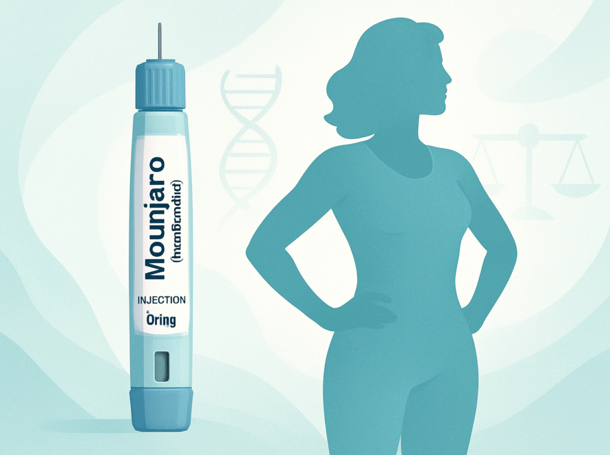 Mounjaro (Tirzepatide) injection pen and a woman's silhouette for medical weight loss