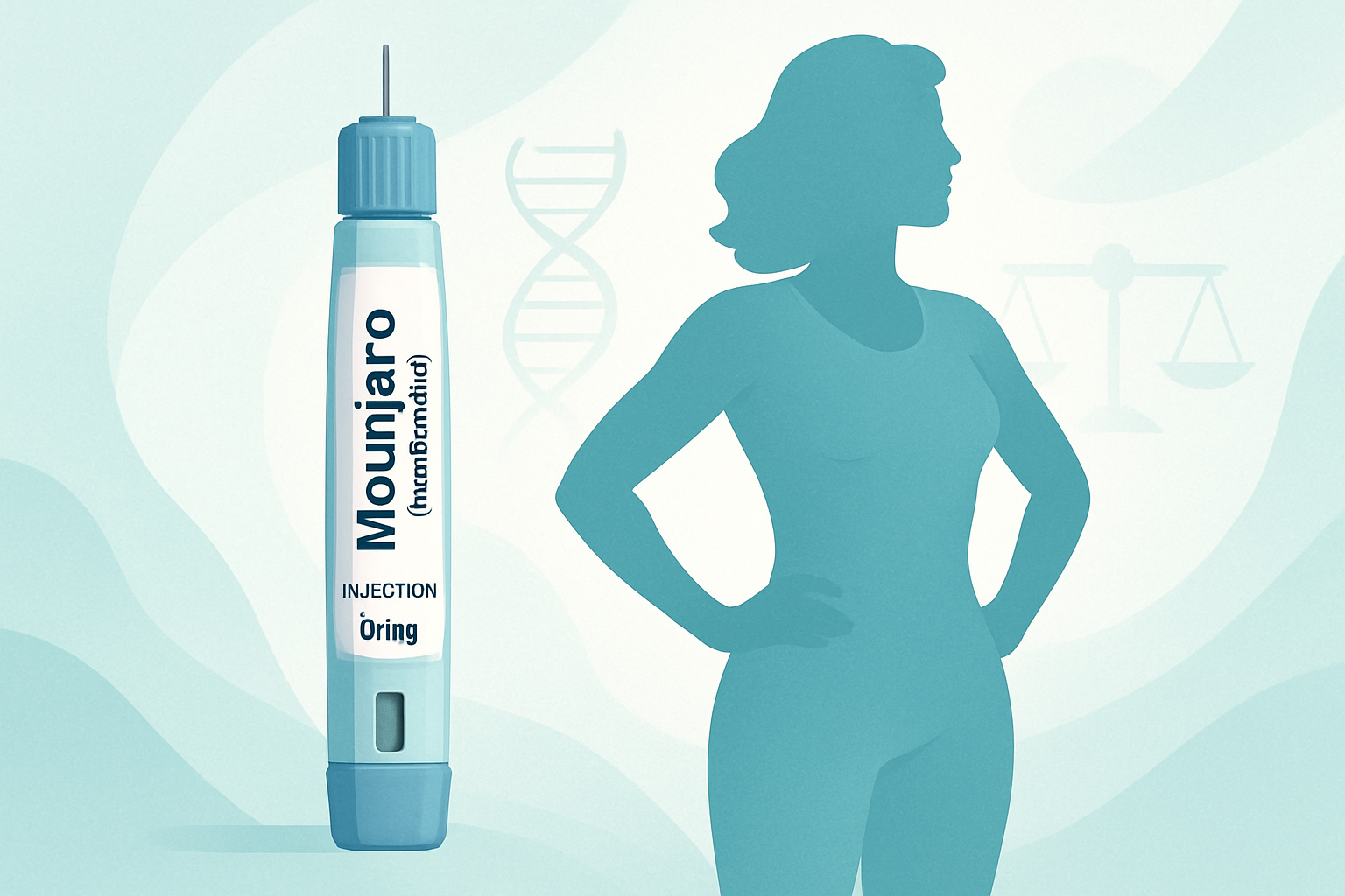Mounjaro (Tirzepatide) injection pen and a woman's silhouette for medical weight loss